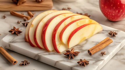 Sliced apples arranged in a spiral on a marble cutting board, accented with cinnamon sticks and star anise, creating a warm, autumnal vibe that evokes the essence of the season.