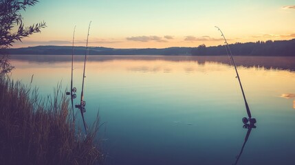 A peaceful fishing spot on a tranquil lake, Fishing rods set against a serene sunset, Relaxing outdoor style