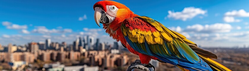 Fototapeta premium Colorful Parrot Perched on Balcony with City Skyline View