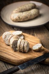 Sliced tasty white sausage.