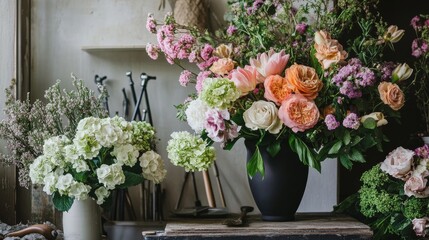 A peaceful flower arranging workshop with floral tools and vases, Florist tools and fresh flowers meticulously arranged, Floral artistry style