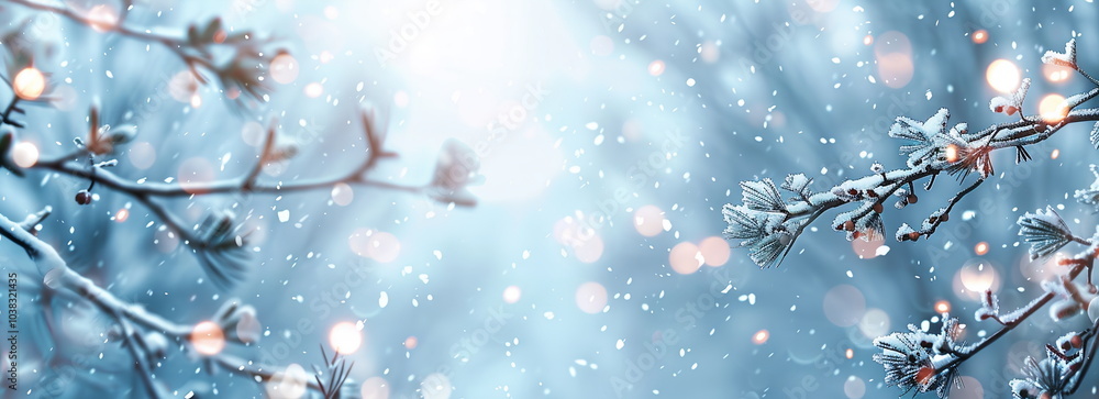 Poster abstract blurred background with snow and bokeh lights. winter banner for web design or print materi