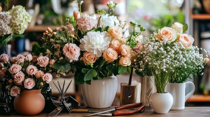 A peaceful flower arranging workshop with floral tools and vases, Florist tools and fresh flowers meticulously arranged, Floral artistry style