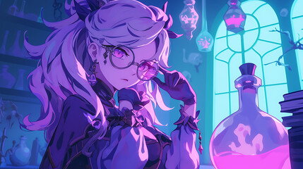 anime girl wearing glasses witch in robe