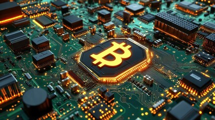 On top of a complicated circuit board, there is the Bitcoin logo