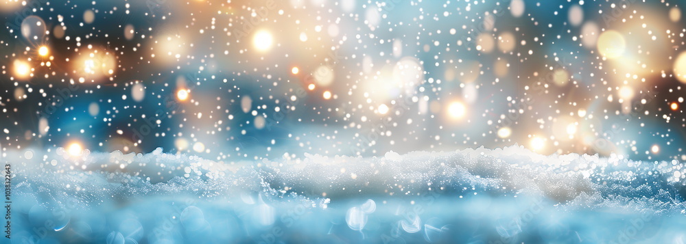Poster abstract blurred background with white bokeh lights and snow falling in the air. background for chri