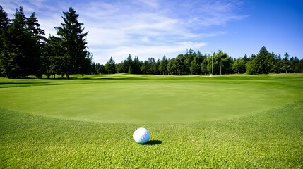 A golf ball sits on a putting green surrounded by lush trees.