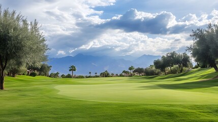 Fototapeta premium A golf course with palm trees and mountains in the background.