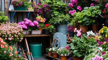 A peaceful gardening nursery with gardening tools and blooming flowers, Gardening tools and colorful plants meticulously arranged, Botanical oasis style