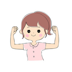 ガッツポーズをする若い女性　表情バリエーション_肌色　ペン画風