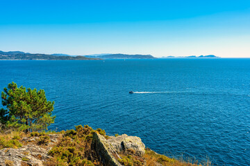 Beautiful views of the Pontevedra estuary from the top of the mountains on the coast of Galicia, Spain