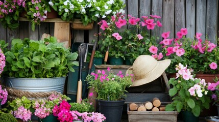 A peaceful gardening nursery with gardening tools and blooming flowers, Gardening tools and colorful plants meticulously arranged, Botanical oasis style