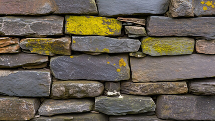 Textured stone wall with varying shades of gray and hints of yellow moss, showcasing natural patterns and earthy tones. This rustic wall adds character to any setting
