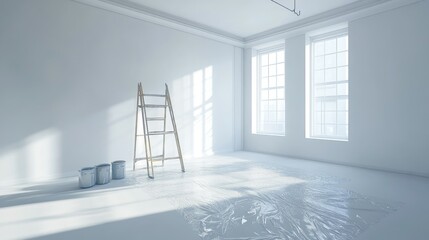 A bright and airy empty room with fresh white walls, a step ladder, and a paint can, all on a protective plastic sheet covering the floor.