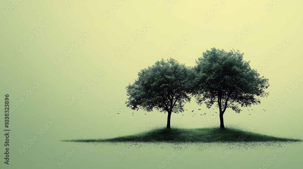 Poster serene minimalistic design with silhouettes of two trees standing close together their branches inte