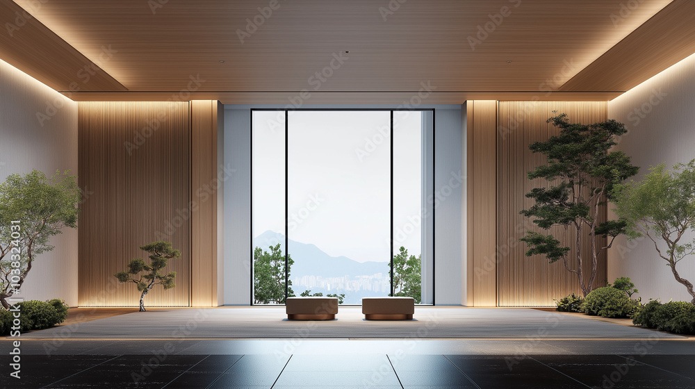 Poster design an empty room with a sophisticated and modern atmosphere that complements the dominant colors