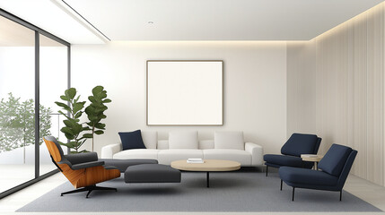 Design an empty room with a sophisticated and modern atmosphere that complements the dominant colors a deep brownisha rich navy blue and a soft, muted sage green. colors of the inserted object to stan