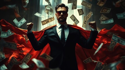 Fototapeta premium Super business man wears black suits and red robes with super heroes winner concept on a lot of money dollars background and riches. Investors receive a lot of profits.