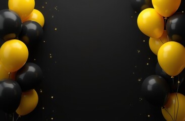 Black and yellow balloons on a dark background. Minimalistic composition with copy space. Design for poster, banner, greeting card, invitation
