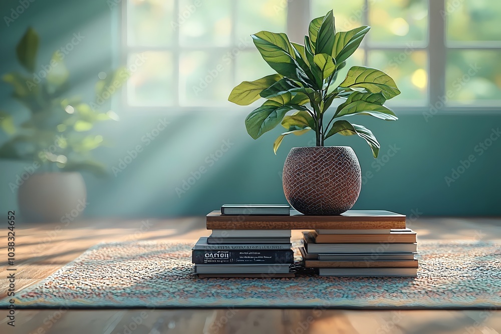 Poster a serene indoor scene featuring a small potted plant placed on a stack of books, illuminated by soft