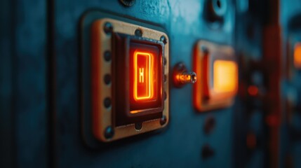 A close-up of an on-off heater switch within a medium voltage switchgear panel, with a glowing indicator light, showcasing electrical components.