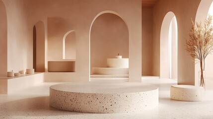 Serene modern minimalist interior featuring a speckled round terrazzo podium in a warm beige color scheme soft pink arches and ample natural lighting perfect for elegant product display or branding
