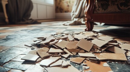 A cluttered floor scene featuring a pile of shattered ceramic tiles, highlighting the remnants of a recent renovation in a home.