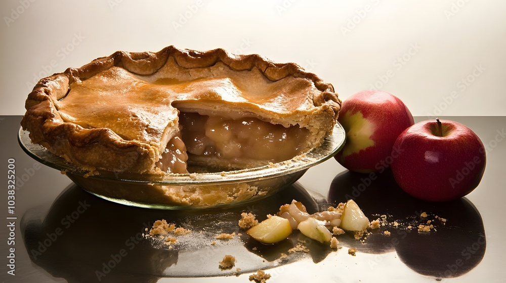 Poster a delicious apple pie with a slice missing, served with fresh apples on the side.