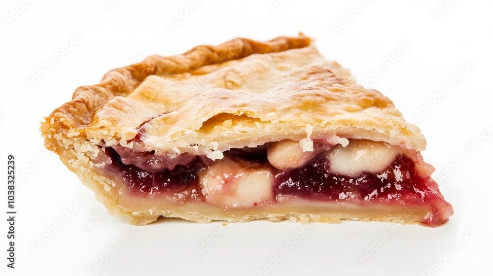 Poster a slice of cherry pie with a flaky crust.