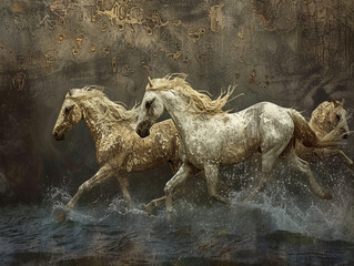 At sunset, horses run along the sandy shore of the ocean.