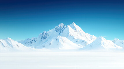 Fototapeta premium Majestic snow covered mountains rise against clear blue sky, creating serene winter landscape. vast expanse of white snow enhances tranquil beauty of this remote location