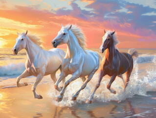 At sunset, horses run along the sandy shore of the ocean.