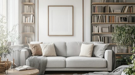 Fototapeta premium A cozy living room with a soft gray sofa, framed artwork, and a chic bookshelf, creating a sophisticated home design