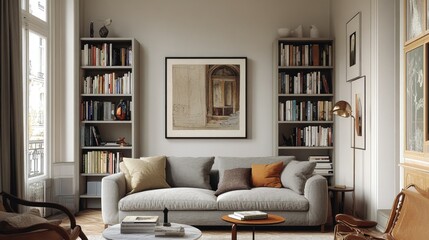 A cozy living room with a soft gray sofa, framed artwork, and a chic bookshelf, creating a sophisticated home design