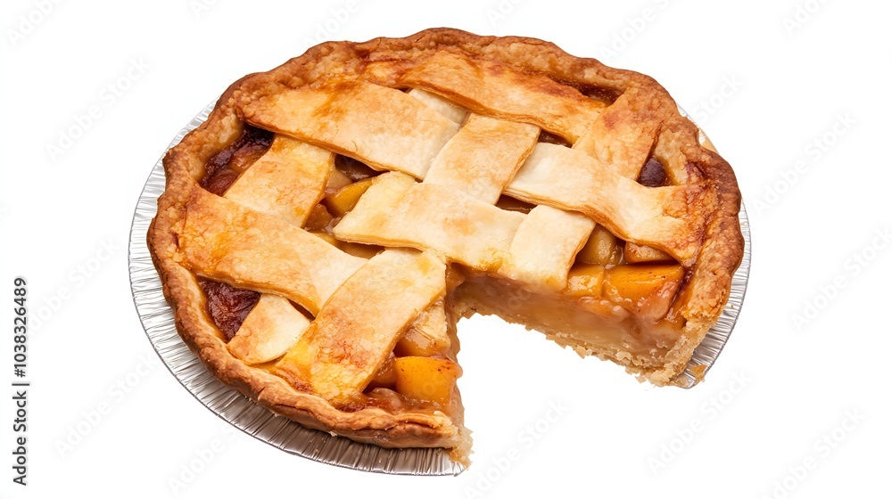 Poster a freshly baked pie with a lattice crust and a single slice missing.