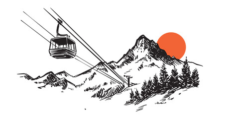 Ski lift in the mountains, hand drawn.