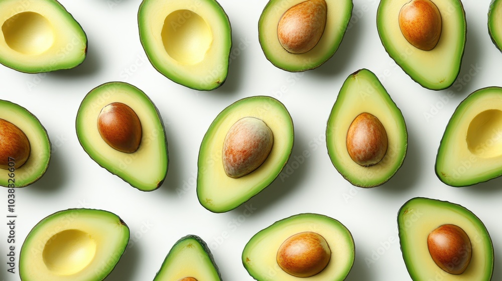 Poster this is a flat lay view of a pattern of avocado slices with the halves isolated on a white backgroun