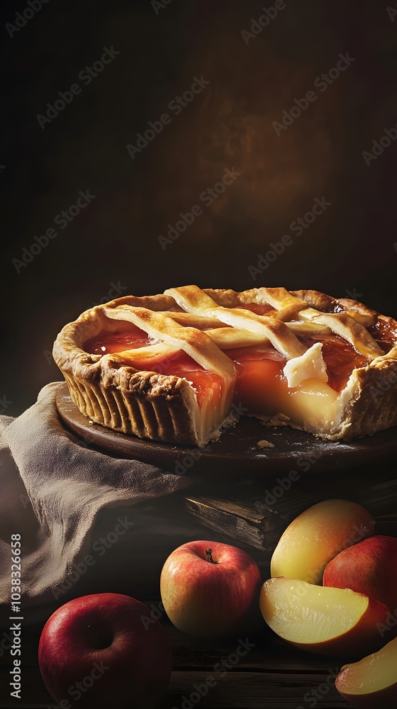 Poster a freshly baked apple pie with a slice missing, surrounded by apples.