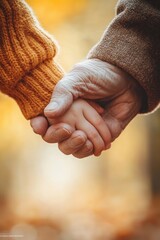 A touching close-up of an elderly and young hand holding, symbolizing the connection between generations, with warm autumn light in the background.