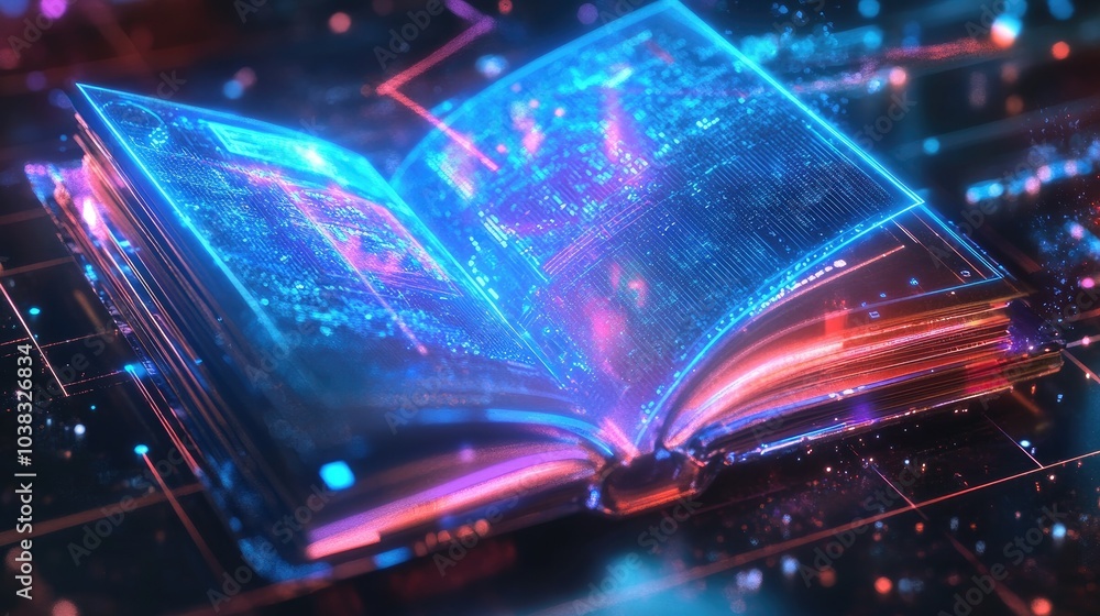 Poster a futuristic digital book in an open position, featuring interactive graphics and vibrant colors, em