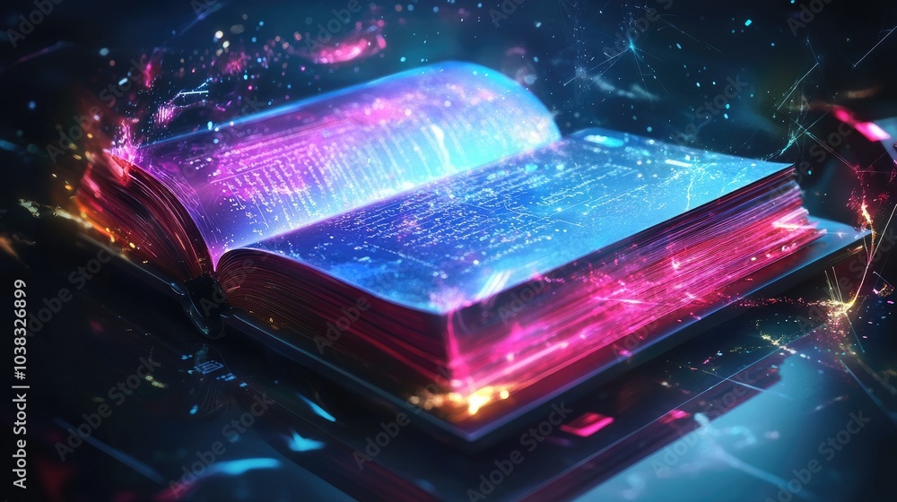 Poster a futuristic digital book in an open position, featuring interactive graphics and vibrant colors, em