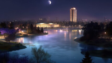 Illuminated Majestic Building by the River at Night