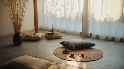 A peaceful home meditation room with cushions and incense, Meditation cushions, candles
