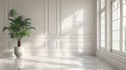 Minimalist white room interior with large windows, marble floor, and a potted plant.