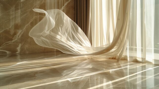 White sheer curtains billowing in the wind, casting shadows on a marble floor.