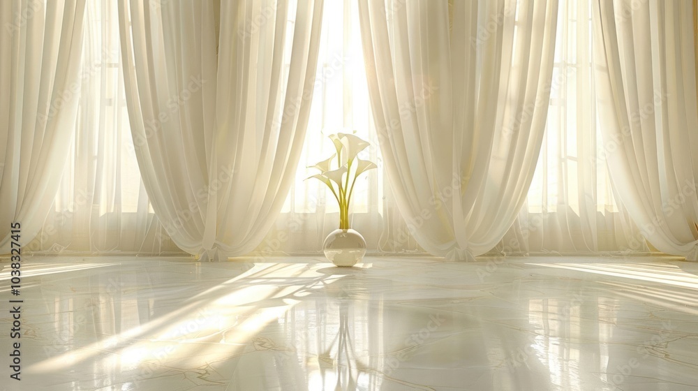 Poster a vase of white calla lilies sits on a polished marble floor in front of a large window with sheer c