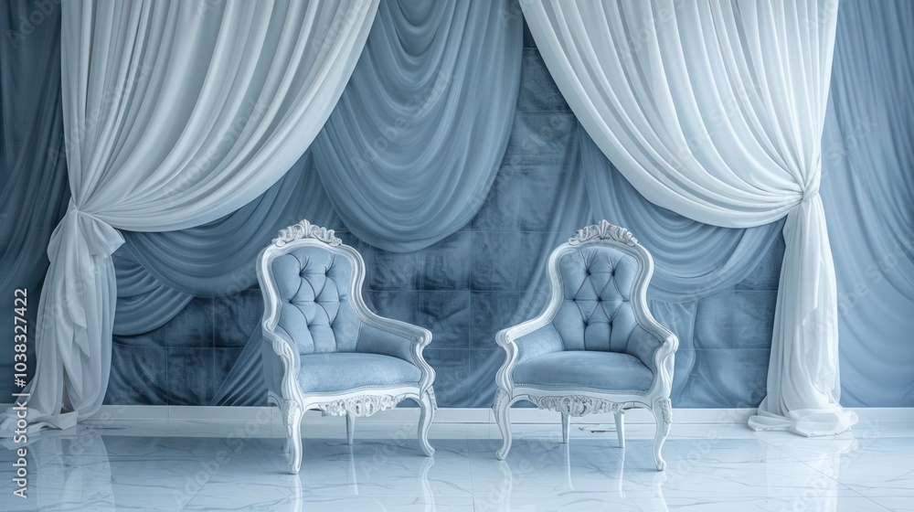 Wall mural two elegant white chairs with blue upholstery against a wall of draped blue and white fabric.