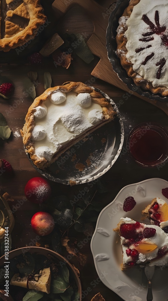 Poster a table top view of a rustic pie with a white meringue top.