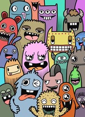 Hand-drawn illustrations, monsters doodle, Hand Drawn cartoon monster illustration,Cartoon crowd doodle hand-drawn Doodle style.