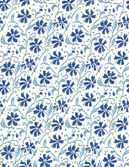 Seamless floral pattern. Cute white and blue ornament. The plant pattern is drawn with ink. Vector illustration.